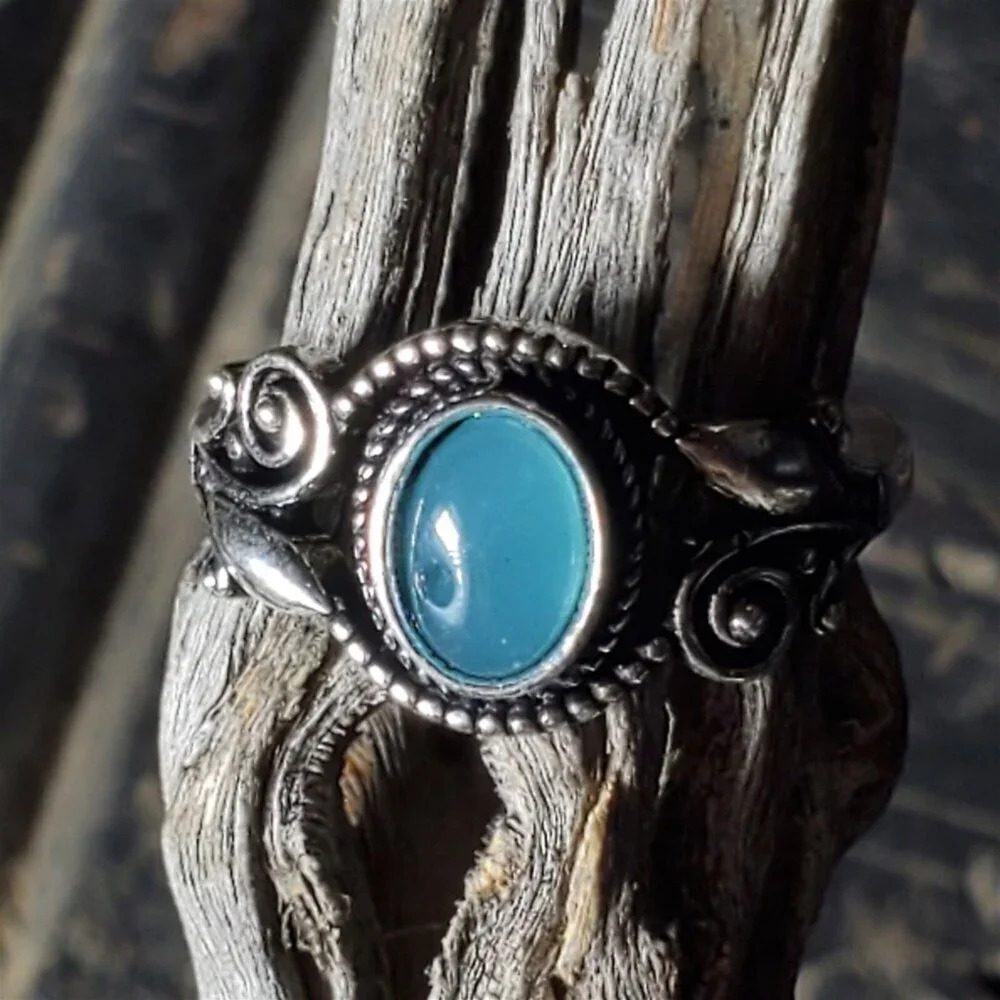 Artisan India Blue Agate 925 Sterling Silver Plated Gemstone Ring Size 7.5